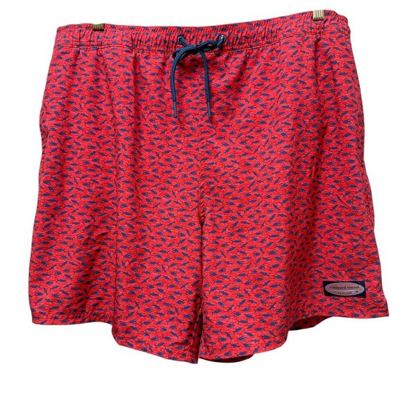 Vineyard Vines Mens Swim Trunks XL Coral Red Blue Fish Elastic Drawstring Shorts - Picture 2 of 9